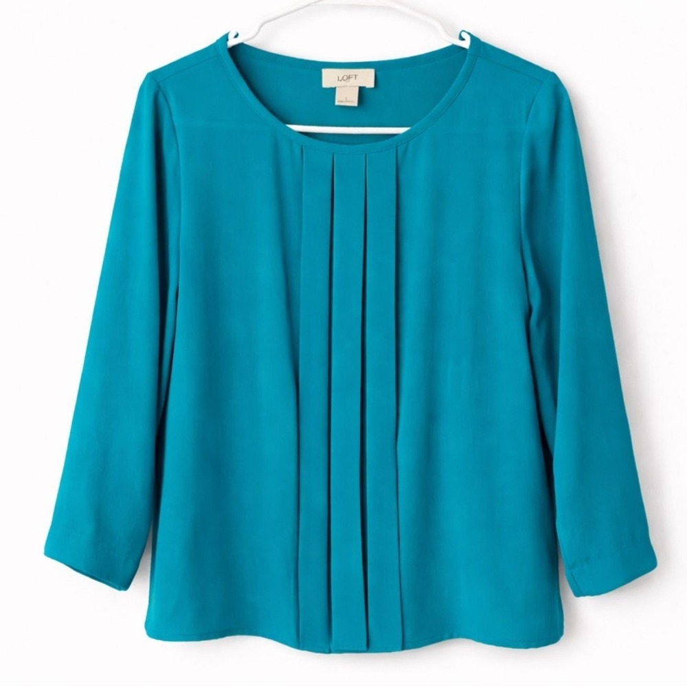 LOFT Teal‎ Pleated Front Blouse Size Small Spring Summer Long Sleeve Career Top